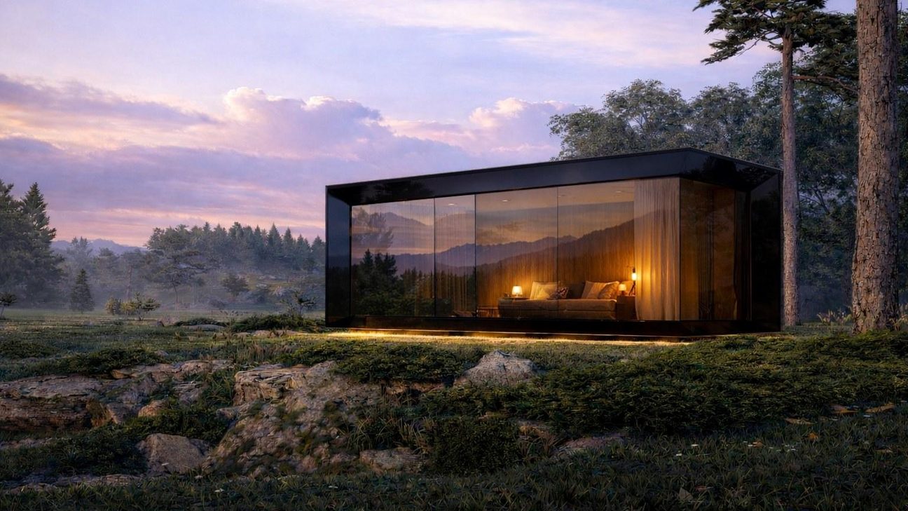 Casa de vidro ECHO 20.8 ao entardecer, com o interior iluminado