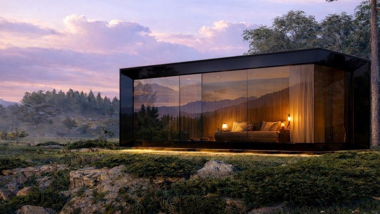 Casa de vidro ECHO ao entardecer entre árvores
